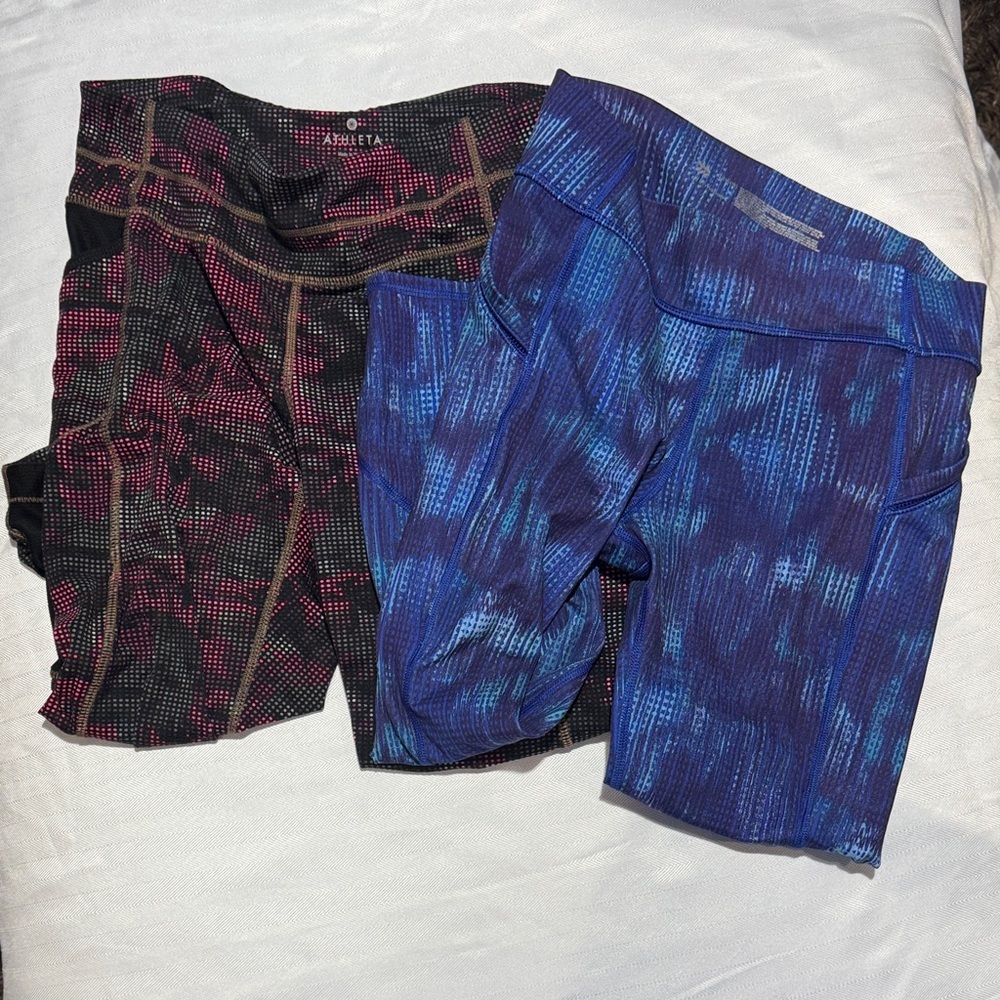 Athleta Blue and Black-Pink Printed Bike Shorts Duo